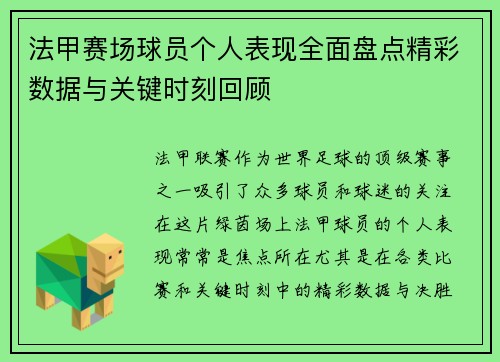 法甲赛场球员个人表现全面盘点精彩数据与关键时刻回顾