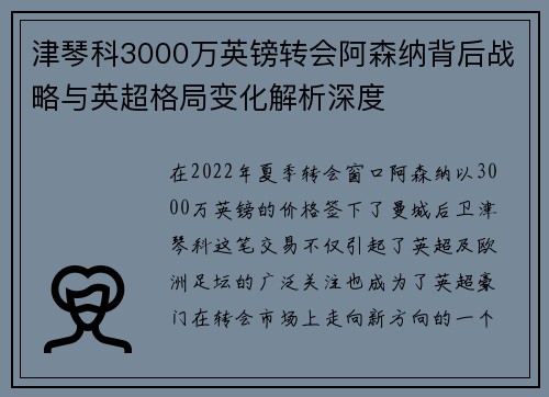 津琴科3000万英镑转会阿森纳背后战略与英超格局变化解析深度