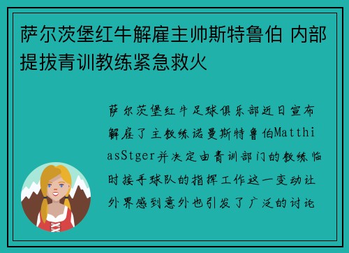 萨尔茨堡红牛解雇主帅斯特鲁伯 内部提拔青训教练紧急救火 萨尔茨堡红牛解雇主帅斯特鲁伯 内部提拔青训教练紧急救火